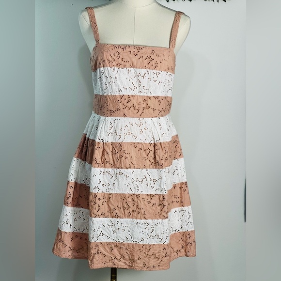 LOFT Striped Eyelet Fit & Flare Pink & White Cotton Dress Size 4 - Picture 1 of 11